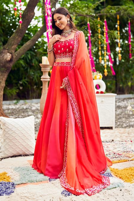 Swish By Dolcy And Simran Rosewood Ombre Embroidered Lehenga Set 