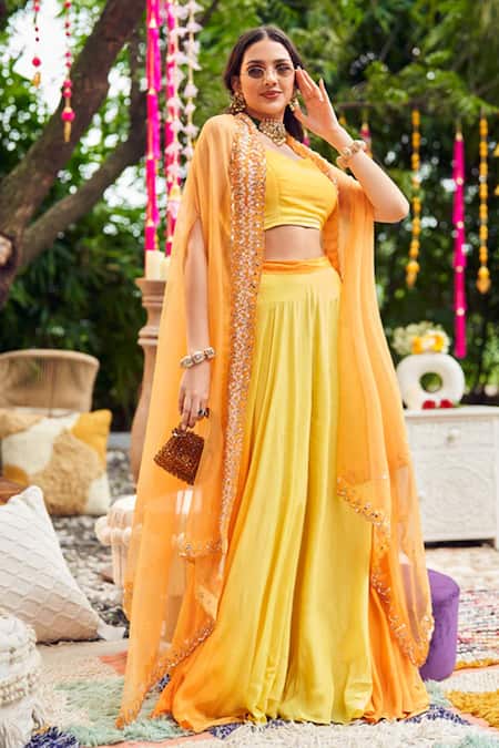 Shop Swish By Dolcy And Simran Yellow Organza Crepe Embroidery Lemon Zest Crystals Cape And Flared Pant Set at Aza Fashions Shop_Swish By Dolcy And Simran_Yellow Organza Crepe Embroidery Lemon Zest Crystals Cape And Flared Pant Set _at_Aza_Fashions