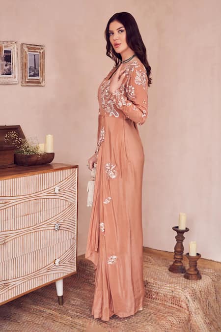 Shop Swish By Dolcy And Simran Rose Gold Crepe Embellished Pearl V Neck Diamond Dream Draped Gown at Aza Fashions Shop_Swish By Dolcy And Simran_Rose Gold Crepe Embellished Pearl V Neck Diamond Dream Draped Gown _at_Aza_Fashions