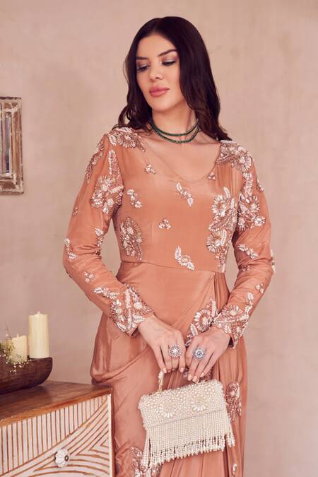 Swish By Dolcy And Simran Rose Gold Crepe Embellished Pearl V Neck Diamond Dream Draped Gown Online at Aza Fashions Swish By Dolcy And Simran_Rose Gold Crepe Embellished Pearl V Neck Diamond Dream Draped Gown _Online_at_Aza_Fashions