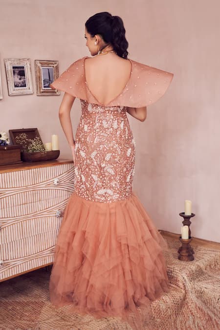Shop Swish By Dolcy And Simran Rose Gold Organza, Net, Linen Pearls, Sequins Dazzling Ruffle Detailed Gown at Aza Fashions Shop_Swish By Dolcy And Simran_Rose Gold Organza, Net, Linen Pearls, Sequins Dazzling Ruffle Detailed Gown _at_Aza_Fashions