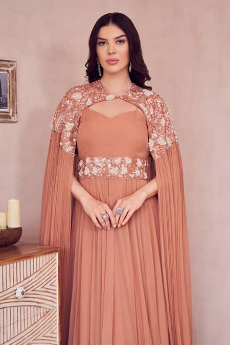 Swish By Dolcy And Simran Rose Gold Georgette Embellished Pearl Sweetheart Evening Skies Gown With Cape Online at Aza Fashions Swish By Dolcy And Simran_Rose Gold Georgette Embellished Pearl Sweetheart Evening Skies Gown With Cape _Online_at_Aza_Fashions