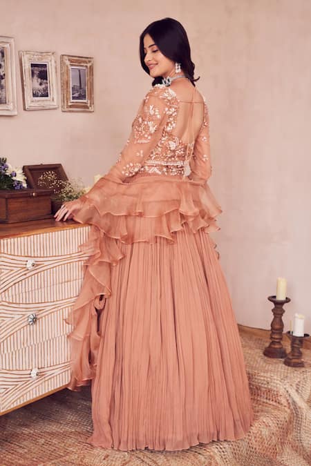 Shop Swish By Dolcy And Simran Rose Gold Net, Georgette, Linen Rosewood Radiance Embellished Waist Lehenga Set at Aza Fashions Shop_Swish By Dolcy And Simran_Rose Gold Net, Georgette, Linen Rosewood Radiance Embellished Waist Lehenga Set _at_Aza_Fashions