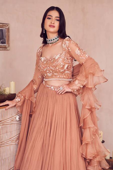 Swish By Dolcy And Simran Rose Gold Net, Georgette, Linen Rosewood Radiance Embellished Waist Lehenga Set Online at Aza Fashions Swish By Dolcy And Simran_Rose Gold Net, Georgette, Linen Rosewood Radiance Embellished Waist Lehenga Set _Online_at_Aza_Fashions