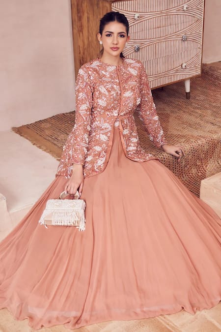 Swish By Dolcy And Simran_Rose Gold Silk Pearls, Cut Work, Magical Embellished Peplum Blouse With Lehenga _Online_at_Aza_Fashions