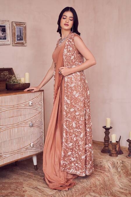 Swish By Dolcy And Simran Rose Gold Lining Shantoon Embellished Gilded Pre-draped Saree With Jacket  2