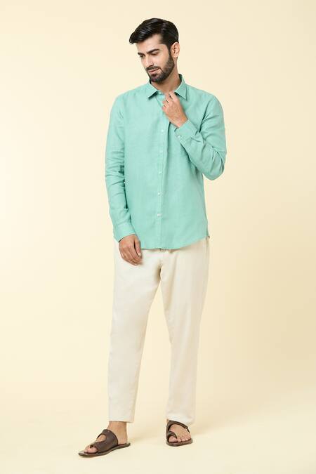Aryavir Malhotra_Blue Linen Solid Shirt _Online_at_Aza_Fashions