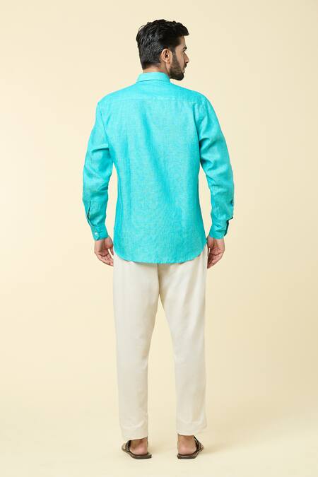 Shop_Arihant Rai Sinha_Blue Linen Straight Shirt _at_Aza_Fashions