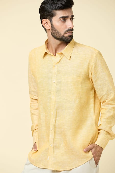 Arihant Rai Sinha_Yellow Linen Full Sleeve Shirt _at_Aza_Fashions