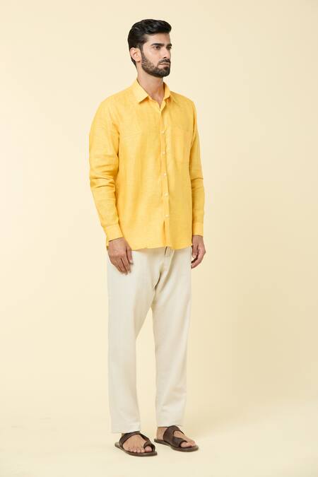 Aryavir Malhotra_Yellow Linen Plain Full Sleeve Shirt _Online_at_Aza_Fashions