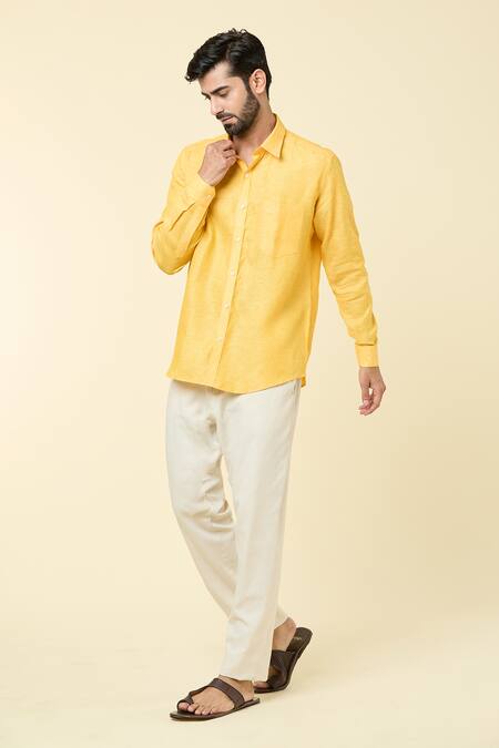 Buy_Aryavir Malhotra_Yellow Linen Plain Full Sleeve Shirt _Online_at_Aza_Fashions