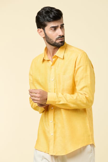 Shop_Aryavir Malhotra_Yellow Linen Plain Full Sleeve Shirt _Online_at_Aza_Fashions
