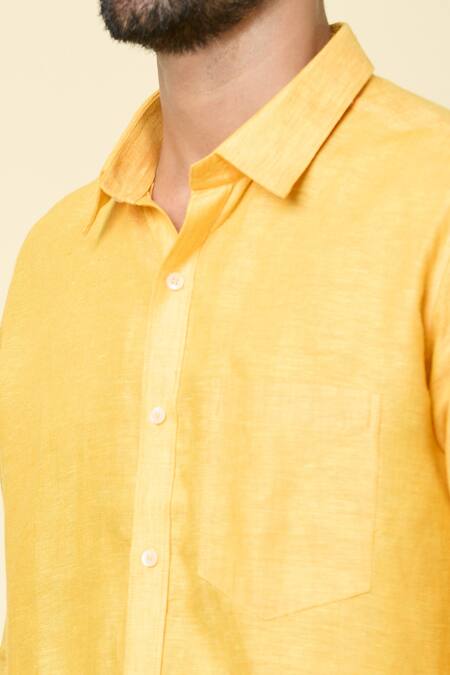 Aryavir Malhotra_Yellow Linen Plain Full Sleeve Shirt _at_Aza_Fashions