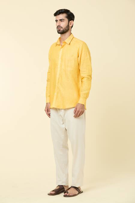 Buy_Aryavir Malhotra_Yellow Linen Plain Full Sleeve Shirt 