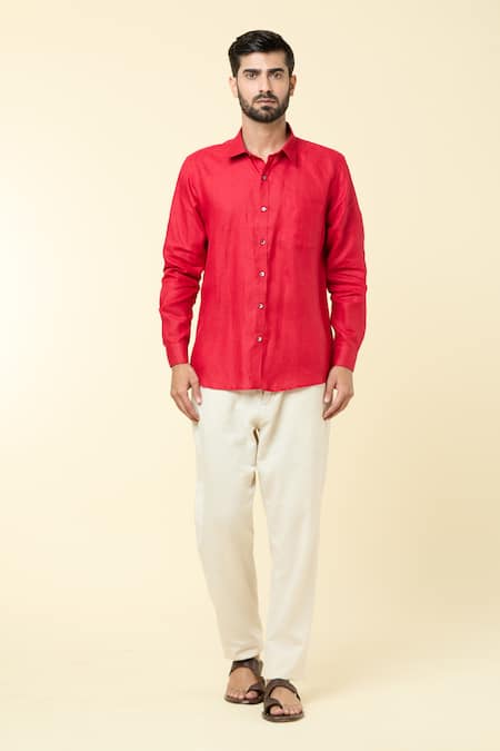 Aryavir Malhotra Red Linen Solid Full Sleeve Shirt Online at Aza Fashions Aryavir Malhotra_Red Linen Solid Full Sleeve Shirt _Online_at_Aza_Fashions