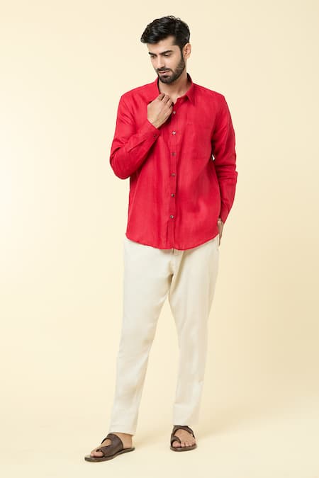 Buy Aryavir Malhotra Red Linen Solid Full Sleeve Shirt Online at Aza Fashions Buy_Aryavir Malhotra_Red Linen Solid Full Sleeve Shirt _Online_at_Aza_Fashions