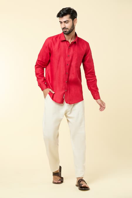 Shop Aryavir Malhotra Red Linen Solid Full Sleeve Shirt Online at Aza Fashions Shop_Aryavir Malhotra_Red Linen Solid Full Sleeve Shirt _Online_at_Aza_Fashions