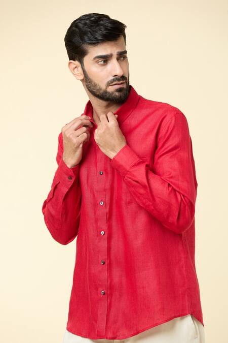 Aryavir Malhotra Red Linen Solid Full Sleeve Shirt at Aza Fashions Aryavir Malhotra_Red Linen Solid Full Sleeve Shirt _at_Aza_Fashions