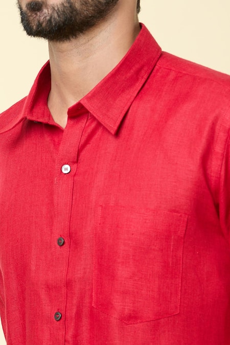 Buy Aryavir Malhotra Red Linen Solid Full Sleeve Shirt Buy_Aryavir Malhotra_Red Linen Solid Full Sleeve Shirt