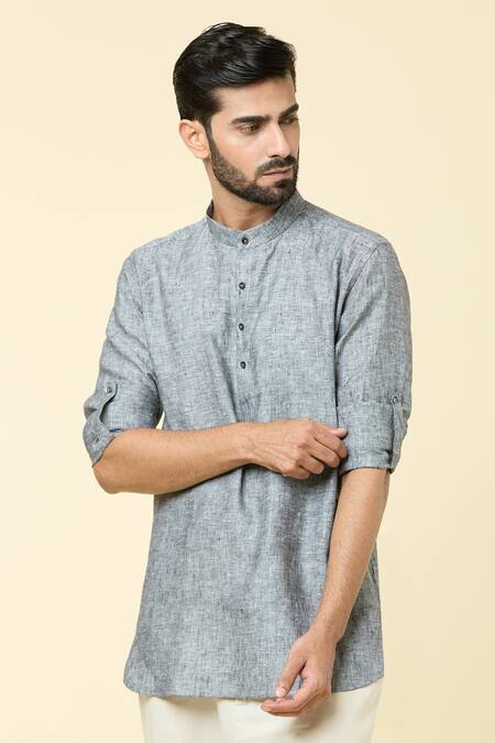 Arihant Rai Sinha_Grey Linen Short Kurta _Online_at_Aza_Fashions