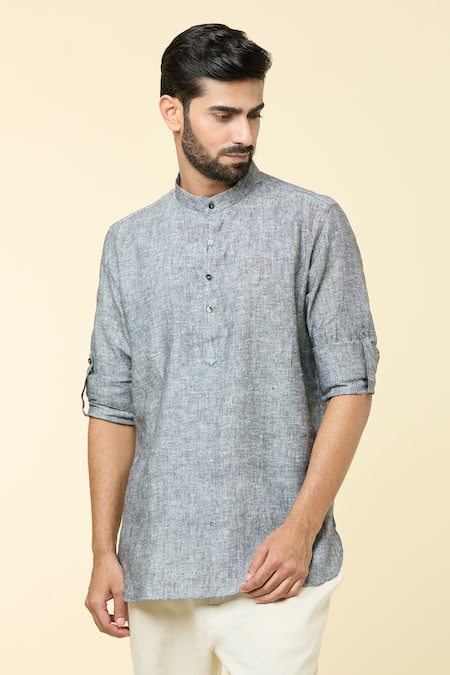 Buy_Arihant Rai Sinha_Grey Linen Short Kurta _Online_at_Aza_Fashions