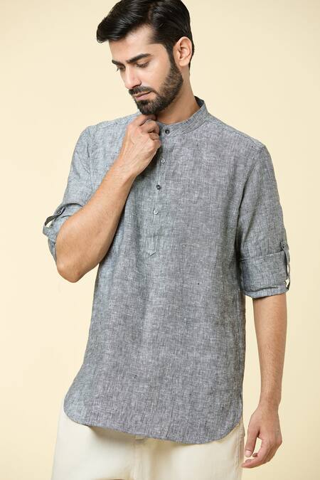 Shop_Arihant Rai Sinha_Grey Linen Short Kurta _Online_at_Aza_Fashions