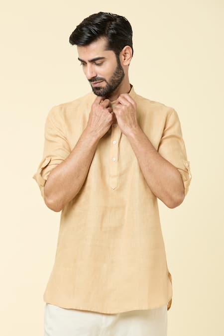 Buy Arihant Rai Sinha Beige Linen Mandarin Collar Kurta Online at Aza Fashions Buy_Arihant Rai Sinha_Beige Linen Mandarin Collar Kurta _Online_at_Aza_Fashions