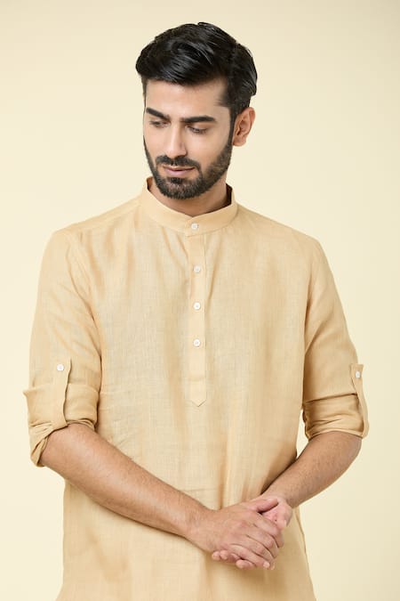Shop Arihant Rai Sinha Beige Linen Mandarin Collar Kurta Online at Aza Fashions Shop_Arihant Rai Sinha_Beige Linen Mandarin Collar Kurta _Online_at_Aza_Fashions