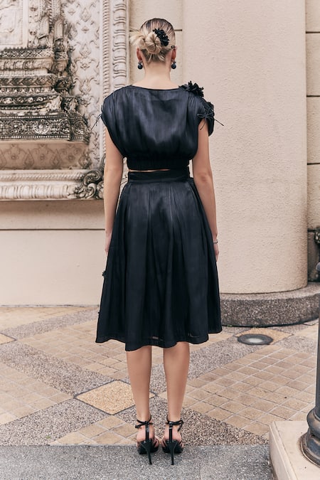 Shop_House Of Fett_Black Organza Applique V-neck Floral Embroidered Top And Skirt Set _at_Aza_Fashions