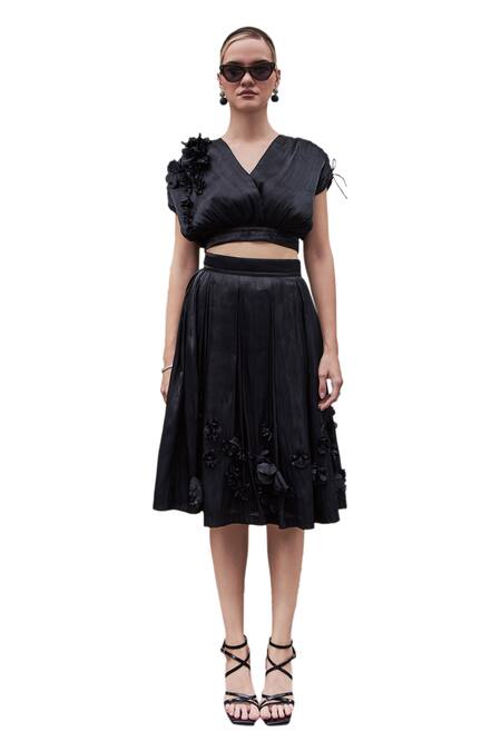 House Of Fett_Black Organza Applique V-neck Floral Embroidered Top And Skirt Set _Online_at_Aza_Fashions