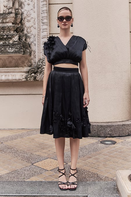 Buy_House Of Fett_Black Organza Applique V-neck Floral Embroidered Top And Skirt Set _Online_at_Aza_Fashions