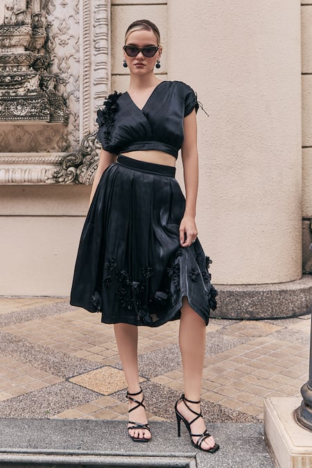 Shop_House Of Fett_Black Organza Applique V-neck Floral Embroidered Top And Skirt Set _Online_at_Aza_Fashions