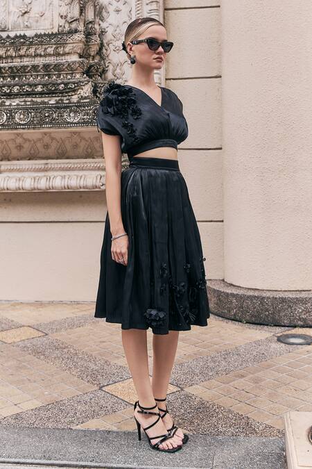 House Of Fett_Black Organza Applique V-neck Floral Embroidered Top And Skirt Set _at_Aza_Fashions