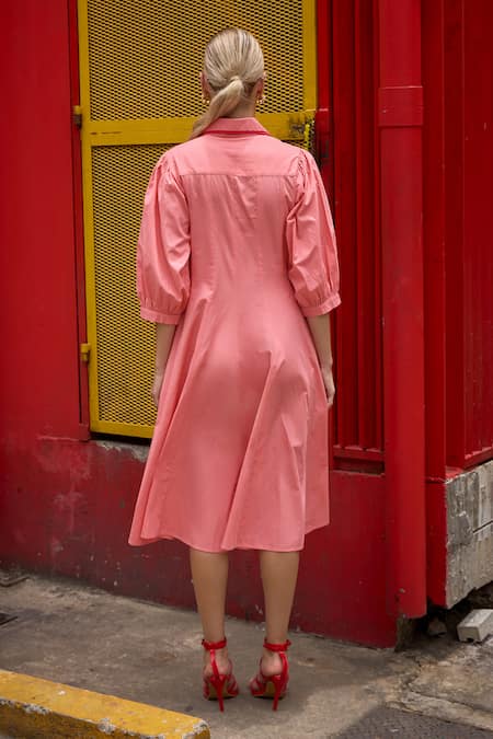 Shop_House Of Fett_Pink 100% Cotton Poplin Embellished Pipe Collar Canopy Work Dress _at_Aza_Fashions