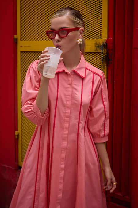 House Of Fett_Pink 100% Cotton Poplin Embellished Pipe Collar Canopy Work Dress _Online_at_Aza_Fashions