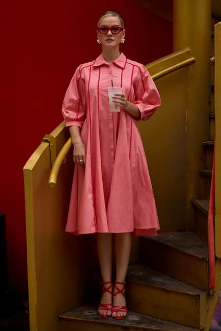 Buy_House Of Fett_Pink 100% Cotton Poplin Embellished Pipe Collar Canopy Work Dress _Online_at_Aza_Fashions
