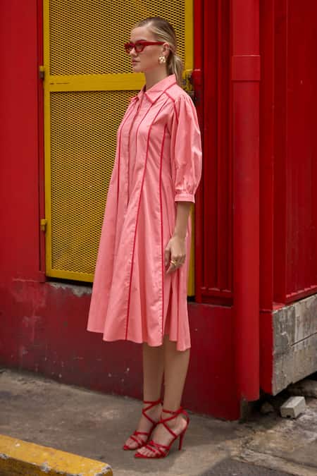 Shop_House Of Fett_Pink 100% Cotton Poplin Embellished Pipe Collar Canopy Work Dress _Online_at_Aza_Fashions