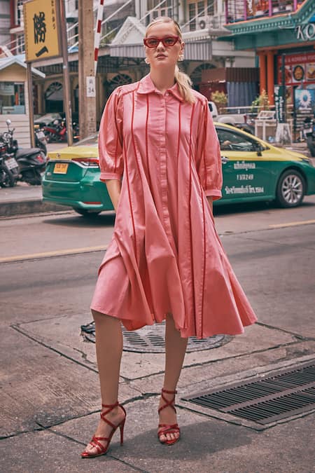 House Of Fett_Pink 100% Cotton Poplin Embellished Pipe Collar Canopy Work Dress _at_Aza_Fashions