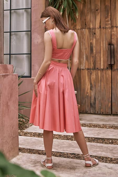 Shop_House Of Fett_Peach Cotton Piping Square Neck Carol Pipe Embellished Crop Top And Skirt Set _at_Aza_Fashions