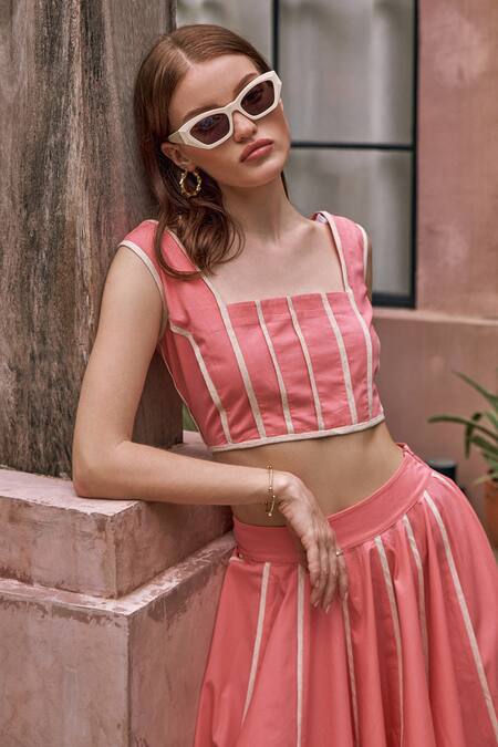 Buy_House Of Fett_Peach Cotton Piping Square Neck Carol Pipe Embellished Crop Top And Skirt Set _Online_at_Aza_Fashions