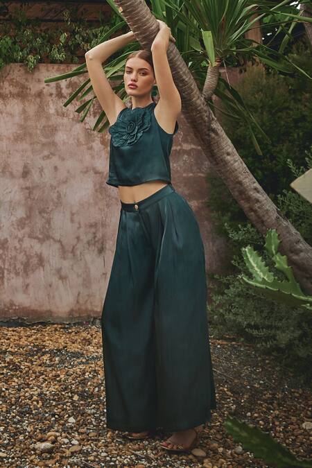 Shop_House Of Fett_Green Organza Applique Round Neck Diana Embroidered Crop Top And Trouser Set _Online_at_Aza_Fashions