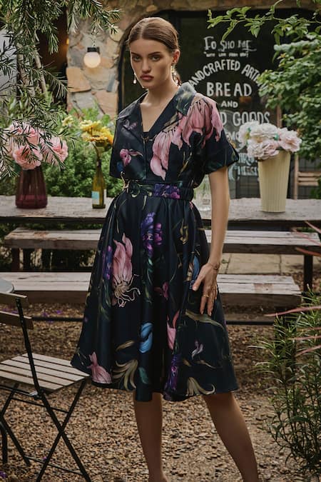 House Of Fett_Black Twill Embroidery Collared Humphrey Floral Print A-line Dress _Online_at_Aza_Fashions