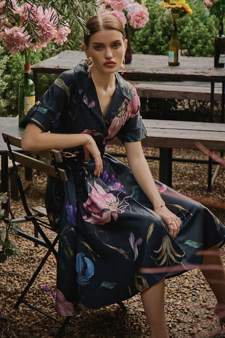 Buy_House Of Fett_Black Twill Embroidery Collared Humphrey Floral Print A-line Dress _Online_at_Aza_Fashions
