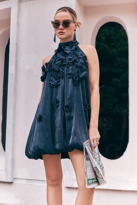 Shop_House Of Fett_Blue Organza Applique Halter Neck Manhattan 3d Flower Embroidered Dress _Online_at_Aza_Fashions