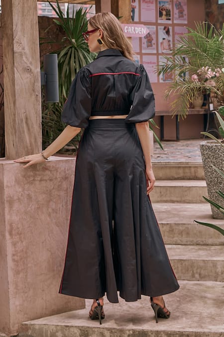 Shop House Of Fett Black Cotton Collared Nate Pipe Embellished Top And Pant Set at Aza Fashions Shop_House Of Fett_Black Cotton Collared Nate Pipe Embellished Top And Pant Set_at_Aza_Fashions