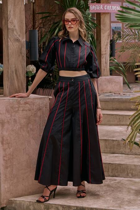 House Of Fett Black Cotton Collared Nate Pipe Embellished Top And Pant Set Online at Aza Fashions House Of Fett_Black Cotton Collared Nate Pipe Embellished Top And Pant Set_Online_at_Aza_Fashions