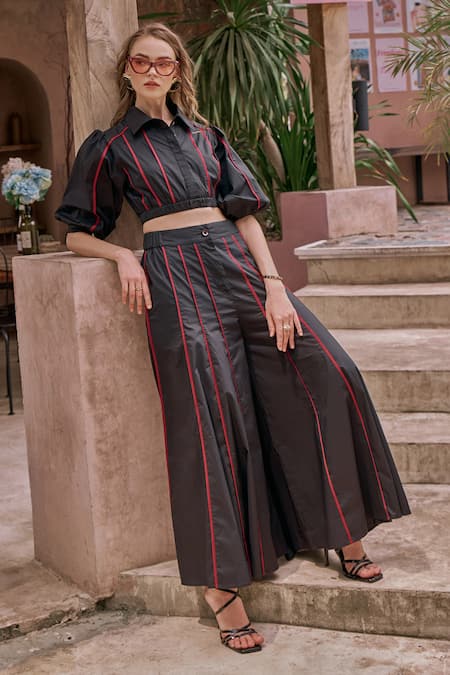 Shop House Of Fett Black Cotton Collared Nate Pipe Embellished Top And Pant Set Online at Aza Fashions Shop_House Of Fett_Black Cotton Collared Nate Pipe Embellished Top And Pant Set_Online_at_Aza_Fashions