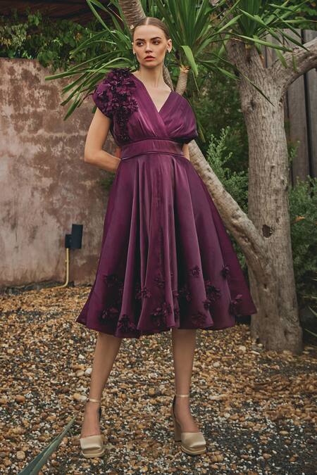 House Of Fett_Wine Organza Applique V-neck Vanessa Floral Embroidered Dress _Online_at_Aza_Fashions