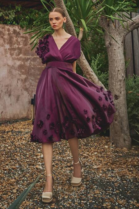 Buy_House Of Fett_Wine Organza Applique V-neck Vanessa Floral Embroidered Dress _Online_at_Aza_Fashions