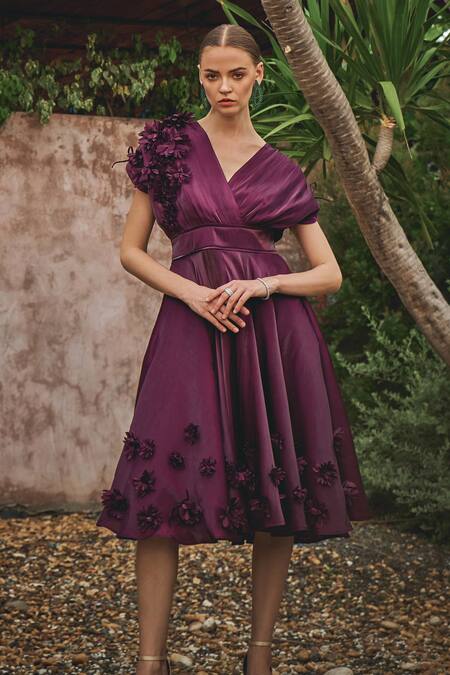 Shop_House Of Fett_Wine Organza Applique V-neck Vanessa Floral Embroidered Dress _Online_at_Aza_Fashions